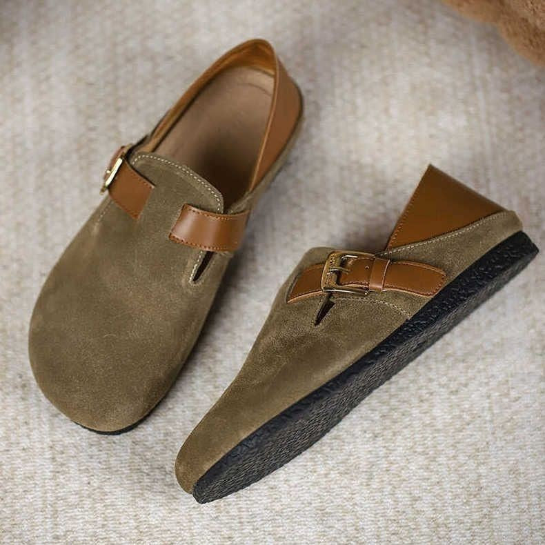 Women's Retro Buckle Suede-Look Slingback Flats